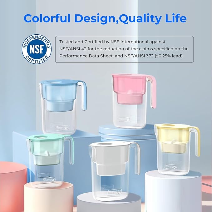 Waterdrop PT-05B Water Filter Pitcher with 3 Filters, 7-Cup Capacity, NSF Certified, 5X Longer Filter Life, Up to 600 Gallons, Fridge-Friendly Design, Reduces PFOA/PFOS and Chlorine, Blue
