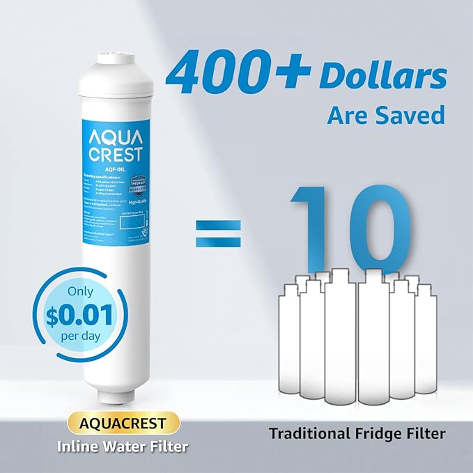 AQUA CREST INL 5 Years Inline Water Filter for Ice Maker with 1/4-Inch Direct Connect Fittings, Idea for Ice Maker, Refrigerator, RV, Inline Refrigerator Water Filter Reduces Chlorine, Taste& Odor