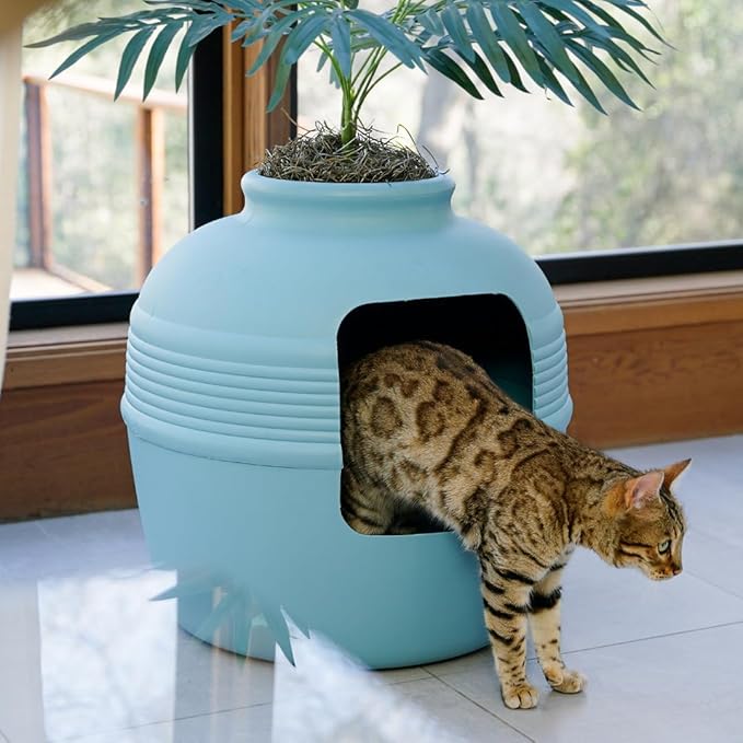 Good Pet Stuff Hidden Litter Box Planter, Decorative Cat Litter Enclosure with Carbon Filter & Faux Plant, Made in USA, Odor Control, Improved Design, NEW Round Style, Base Kit, Coastal Blue
