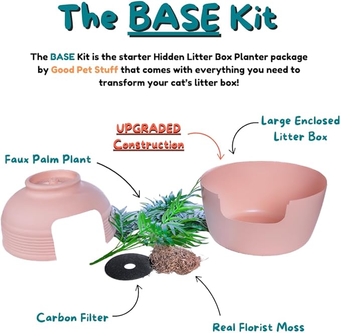 Good Pet Stuff Hidden Litter Box Planter, Decorative Cat Litter Enclosure with Carbon Filter & Faux Plant, Made in USA, Odor Control, Improved Design, NEW Round Style, Base Kit, Blush Pink