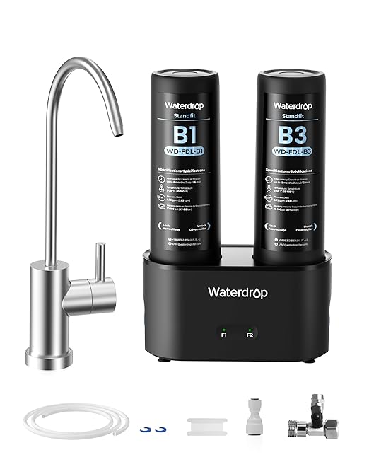Waterdrop DLB Under Sink Water Filter, Reduces Chlorine, Chloramine, PFAS, Bad Taste, Under Sink Water Filtration System with Separate Faucet,Water Filter for Sink Faucet,Life Indicator, 2 Stage