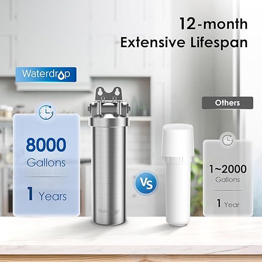 Waterdrop AS08 Stainless Steel Under Sink Water Filter System, 1 Years Lifetime Under Sink Water Filter, 5X Service Life, Reduces Chlorine, Lead, Heavy Metals, Bad Taste (1 Filter Included)
