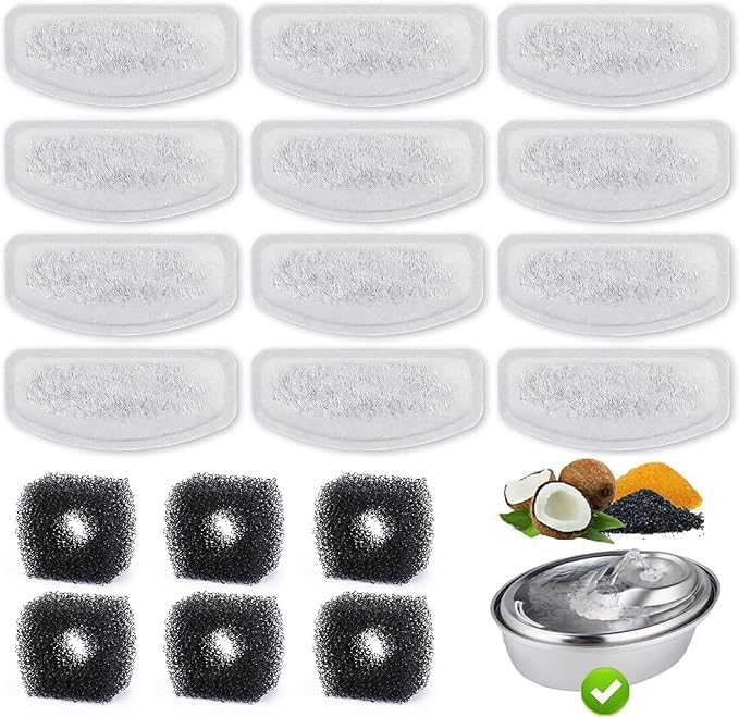 12+6 Pack Compatible with ORSDA Cat Water Fountain Filters for D30 67oz/2L Automatic Stainless Steel Cat Fountain, 12 Replacement Water Filters + 6 Pre-Filter Sponges