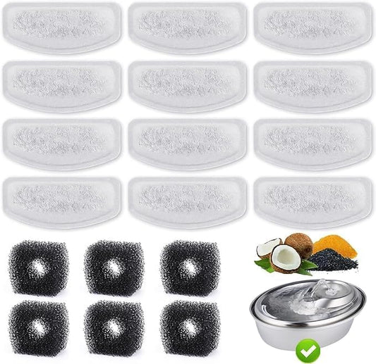 12+6 Pack Compatible with ORSDA Cat Water Fountain Filters for D30 67oz/2L Automatic Stainless Steel Cat Fountain, 12 Replacement Water Filters + 6 Pre-Filter Sponges