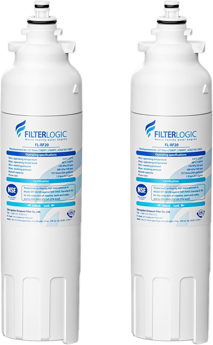 Filterlogic ADQ73613401 Refrigerator Water Filter, Replacement for LG® LT800P®, LT800PC, ADQ736134, ADQ73613402, LSXS26326S, LSXS26366S, LMXS30776S, LSXS26366D, LMXC23746S, 46-9490, 469490, Pack of 2