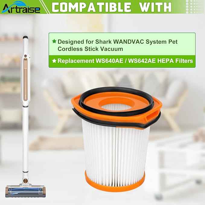 Artraise WS642AE Filter Replacement for Shark WS642AE WS640AE Wandvac Self-Empty System Ultra-Lightweight Powerful Cordless Stick Vacuum (4 Pack Filters)