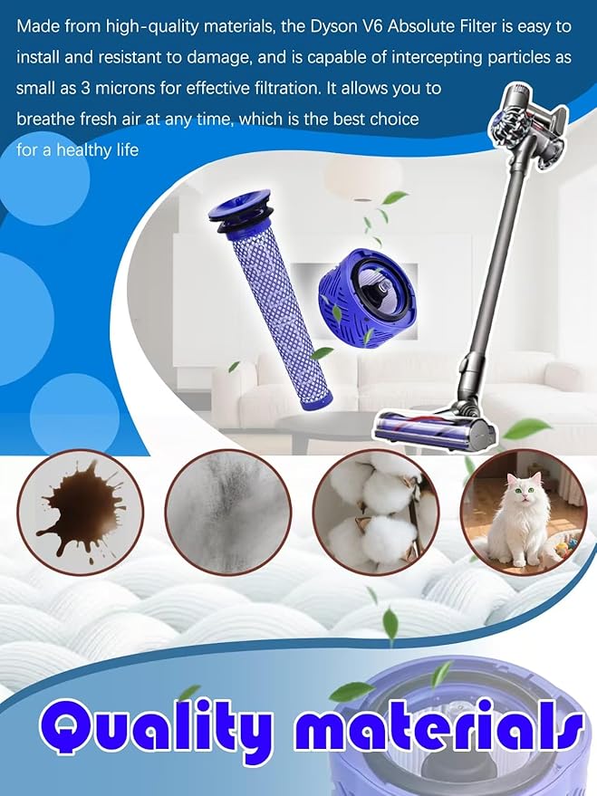 Suitable for Dyson V6 Absolute Vacuum Filter Replacement Set, Blue, 2 Front and 2 Rear Filters with Cleaning Brush, Compatible with V6 Series