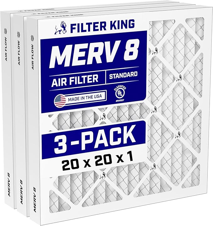 Filter King 20x20x1 Air Filter (MERV 8) (3-Pack) Dust & Allergy Control AC Furnace Filters, MADE IN USA, HVAC, Pleated, Electrostatic (Actual Size: 19.5 x 19.5 x .75)