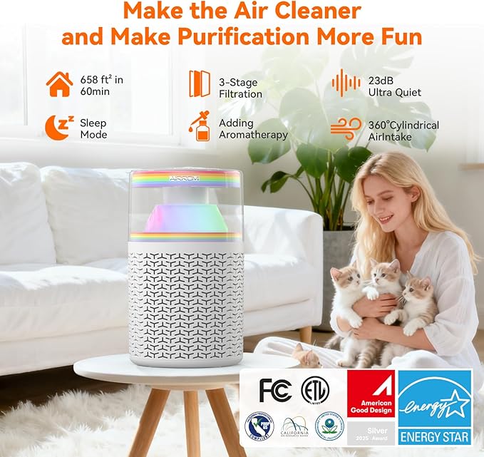 AIRROMI Pet Air Purifier for Home & Bedroom, HEPA Activated Carbon Filter, Removes Pet Dander & Odor, Allergies, Smoke, Hair, Night Light, Fragrance Sponge, Up to 658 ft², A2002 Rainbow