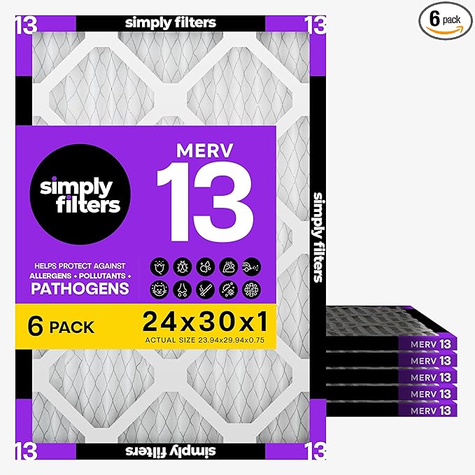 Simply 24x30x1 Air Filter, MERV 13, 6 Pack, For Home AC Furnace & HVAC (Actual Size: 23.94"x29.94"x0.75") DUST, Pet, & Allergy Control