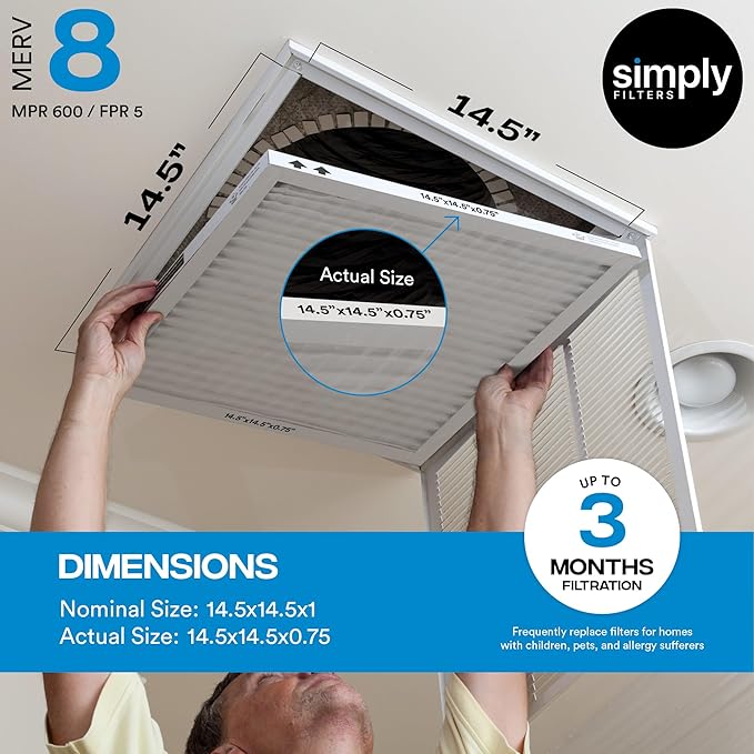 Simply 14.5x14.5x1 Air Filter, Merv 8, 4 Pack, For Home AC Furnace & HVAC (Actual Size: 14.5x14.5x0.75") DUST, Pet, & Allergy Control