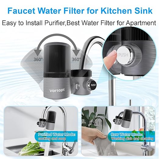 Vortopt Advanced Water Purifier for Sink,360° Rotary 400 Gallons Faucet Water Filter for Kitchen Sink,NSF Certified Reduces Chlorine & Bad Taste with 1 Replacement,T6-CTO-Black.