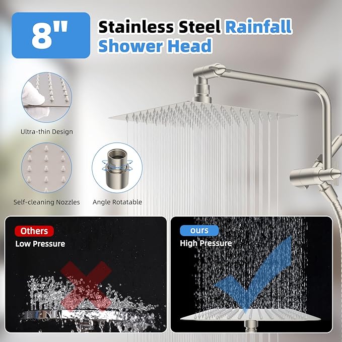 All Metal Shower Head, 8" High Pressure Rainfall/Handheld Shower Combo with 11" Extension Arm, 10-Spray Handheld Showerhead, 71" Long Hose, 3-Way Diverter Valve, Brushed Nickel