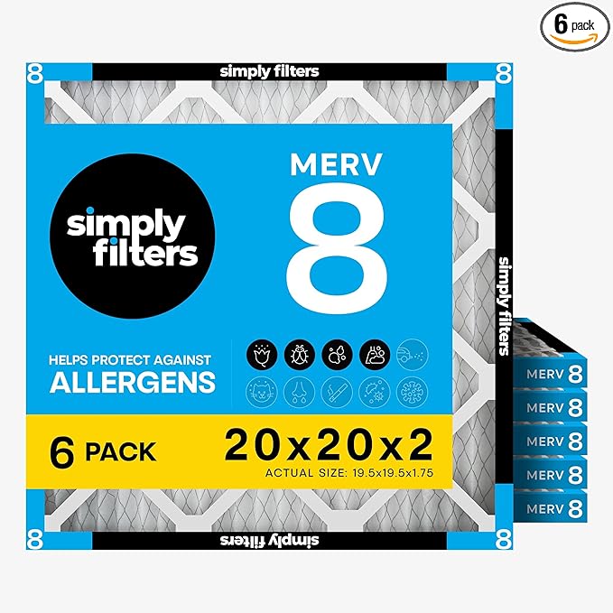 Simply 20x20x2 Air Filter, MERV 8, 6 Pack, Furnace Air Filter for HVAC (Actual Size:19.5"x19.5"x1.75") DUST, Pet, & Allergy Control