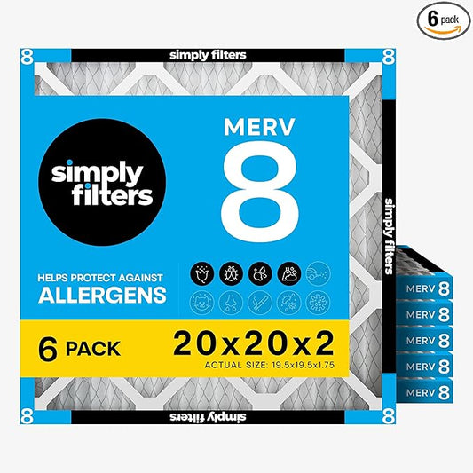 Simply 20x20x2 Air Filter, MERV 8, 6 Pack, Furnace Air Filter for HVAC (Actual Size:19.5"x19.5"x1.75") DUST, Pet, & Allergy Control