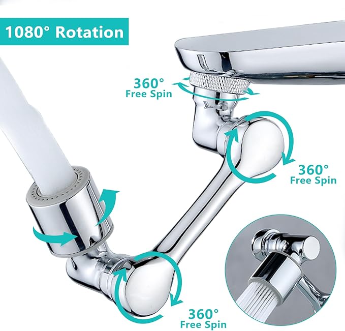1080°Swivel Faucet Extender, Sink Water Faucet Aerator Extension in Brass, Swivel Robotic Arm Bathroom Faucet Extender, Rotating Extension Filter with 2 Mode Splash