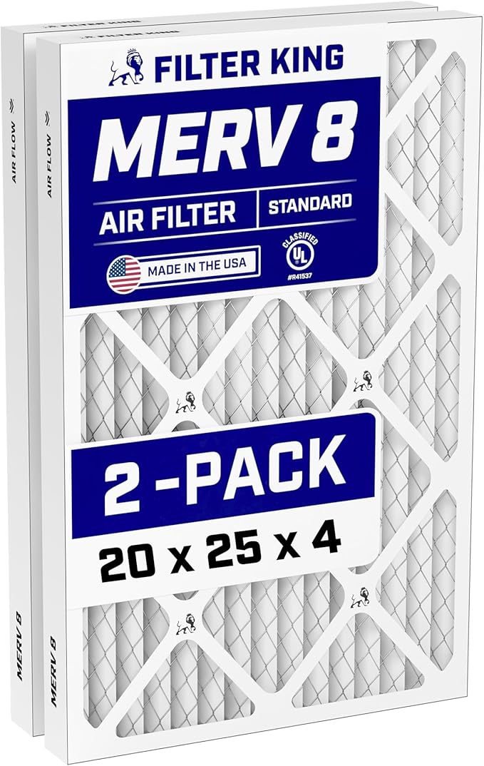 Filter King 20x25x4 Air Filter (MERV 8) (2-Pack) Dust & Allergy Control AC Furnace Filters, MADE IN USA, HVAC, Pleated, Electrostatic (Actual Size: 19.5 x 24.5 x 3.75)