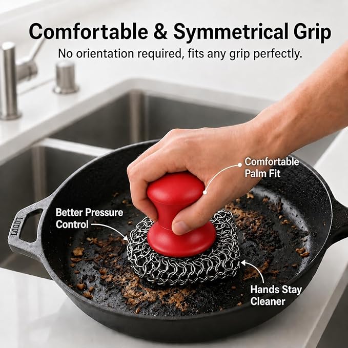 Cast Iron Scrubber and Scraper | 316 Chainmail Scrubber for Cast Iron Pan Skillet Cleaner | Chain Mail Scrubber for Dishes Pots Wok Griddle Grill | Dish Scouring Pad Dishwasher Safe, Red 01