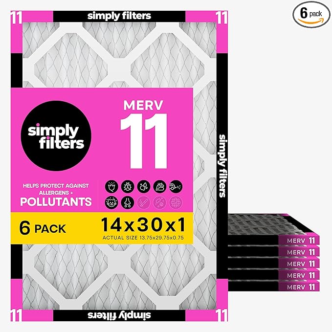 Simply 14x30x1 Air Filter, MERV 11, 6 Pack, For Home AC Furnace & HVAC (Actual Size: 13.75"x29.75"x0.75") DUST, Pet, & Allergy Control