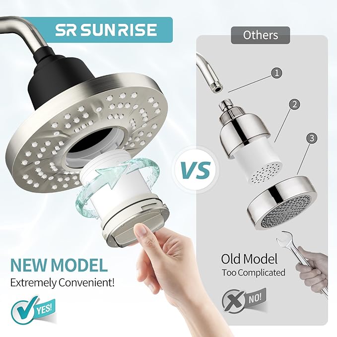 SR SUN RISE Filtered Shower Head with Filters, 20-Stage Shower Head Filter for Hard Water, High Pressure Showerhead with Easy-Replace Cartridge to Remove Chlorine (7-Inch, Brushed Nickel)