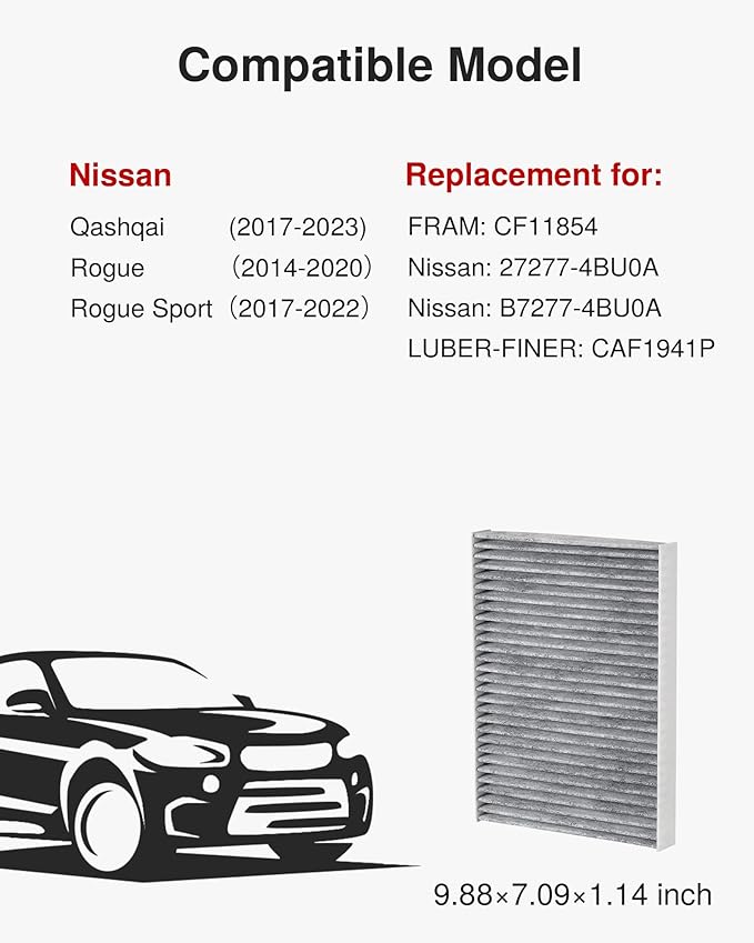 Puroma Cabin Air Filter with Activated Carbon, Replacement for CF11854, CAF1941P, Nissan: 27277-4BU0A and B7277-4BU0A, Compatible with Nissan Qashqai, Rogue, Rogue Sport