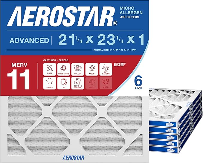 Aerostar 21.25x23.25x1 MERV 11 Pleated Air Filter, 6 Pack, AC Furnace Filters, HVAC Filter, Air Conditioner Filters, Heater Filters Replacement for Home (Actual Size: 21.25x23.25x0.75)