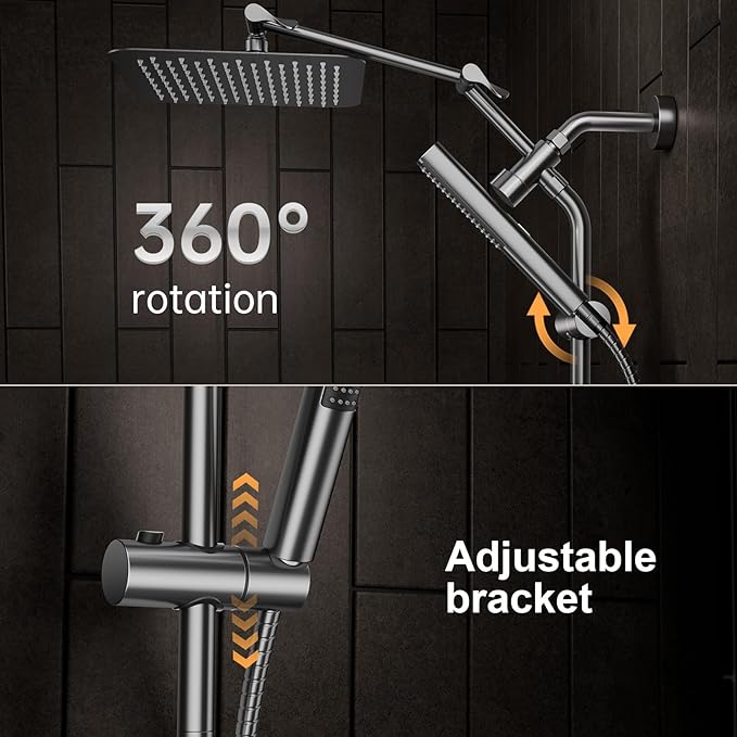 Veken All Metal 10" Gunmetal Gray Shower Head with Handheld, Luxurious Square Double Rain Shower Heads with Spray Combo, Dual High Pressure Detachable Rainfall Showerhead with Extension Arm, Long Hose