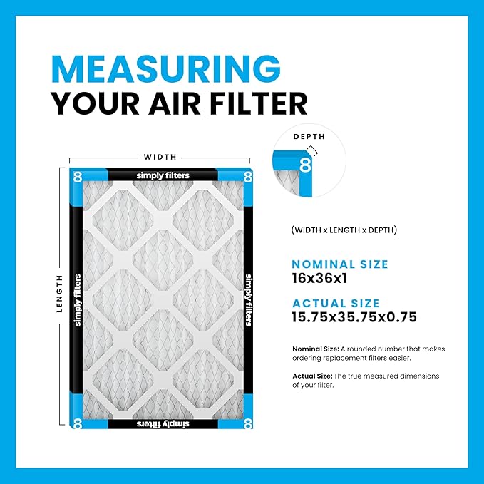 Simply 16x36x1 Air Furnace Filter For HVAC, Merv 8, 6 Pack (Actual Size: 15.75"x35.75"x0.75") DUST, Pet, & Allergy Control,