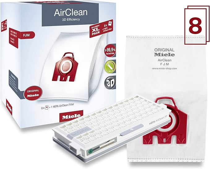 Miele Genuine FJM HyClean Air Vacuum Bags for Miele Compact C1 & Compact C2 Vacuum Cleaners, Allergy XL Pack of 8 Vacuum Bags and 1 HEPA AirClean Filter