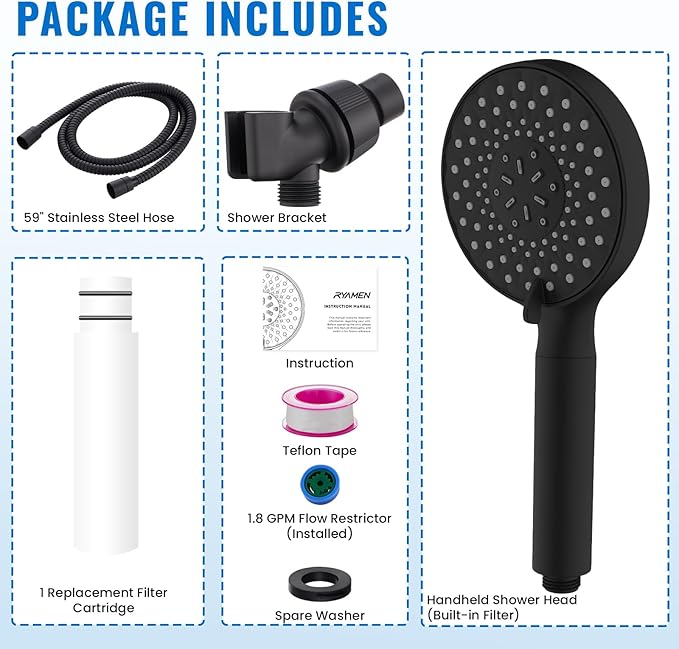 Ryamen Filtered Shower Head with Handheld, High Pressure 9-Spray Modes Detachable Shower Head with Filter for Hard Water-Remove Chlorine & Impurities, 2 Filters, Matte Black