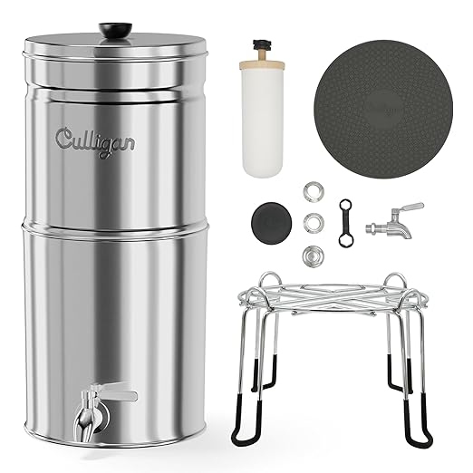 Culligan MaxClear 2.25 Gallon Gravity Water Filter System Removes Microplastics, PFAS & Lead, NSF/ANSI Certified, Polished Stainless-Steel Countertop Filter with 4 Ceramic Filters