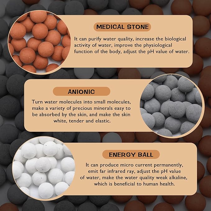 Patelai Replacement Anion Mineral Shower Head Bead Refills Purifying Water Mineral Bead Filtration Stone Ball for Filtered Shower Head, Diameter 7-8 mm(270.0 Grams,Orange, Gray, White)