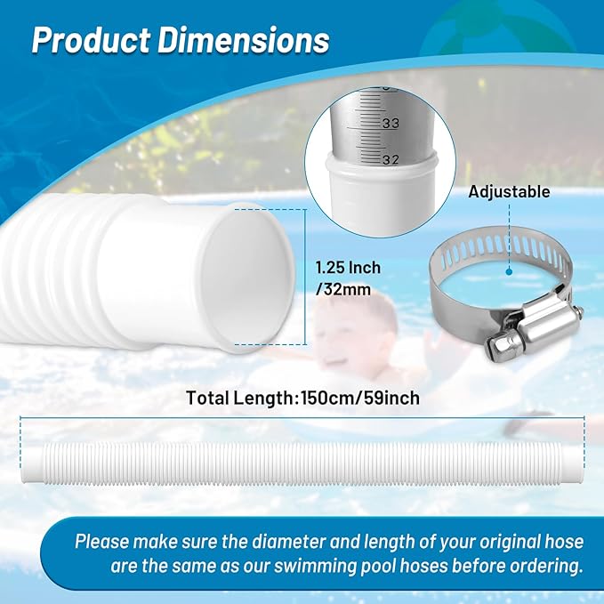 1.25" x 59" Pool Hoses for Above Ground Pools - Pool Pump Replacement Hose Compatible with In tex Pump Model #607/#637, 2 Pack with 4 Hose Clamps