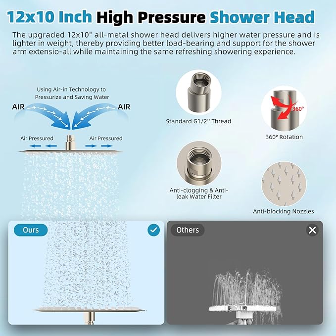 Hibbent cUPC Certified High Pressure 12'' Rainfall Shower Head, Showerhead Combo with 4-mode Handheld Spray, 12'' Adjustable Extension Arm, Extension Bar, Easy Reach Holder, 71'' Hose, Brushed Nickel