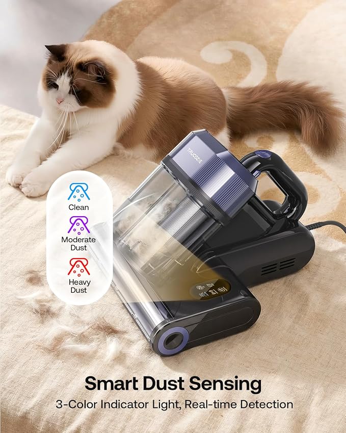 Trucozie Mattress Vacuum Cleaner with 275nm UV-C Light & 149℉ Heat, 16Kpa Powerful Suction Bed Vacuum for Pet Hair & Dander, Smart Dust Sensor, Anion & Aromatherapy, Corded for Bed, Sofa, Couch, Black