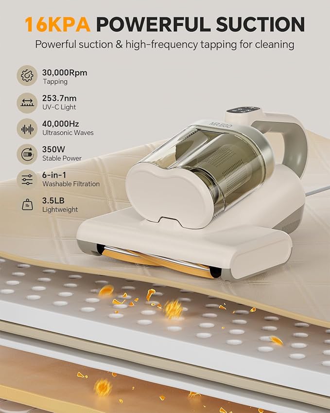 Mr.ego Mattress Vacuum Cleaner, 16Kpa Bed Vacuum with 253.7nm UV-C Light & Ultrasonic Deep Cleaning, Washable HEPA Filter, 16.4FT Corded, Handheld Vacuum for Bed, Couch, Crib, Carpet, Pet Hair