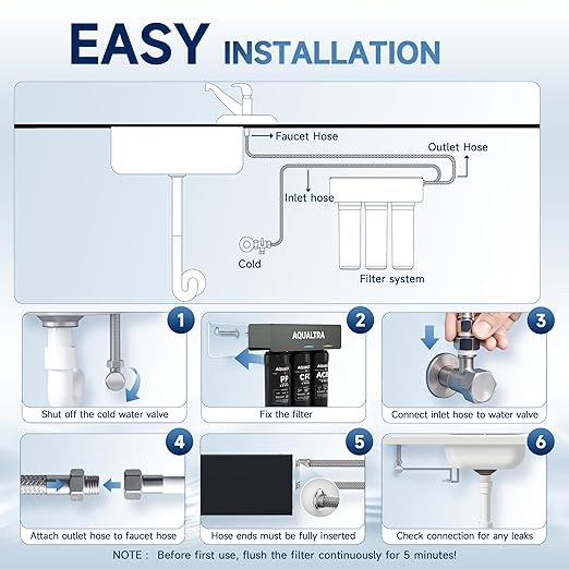 AQUALTRA USF-3B-10 Slightly Alkaline Under Sink Filter System, 8K-32K Gal, Reduce PFOA, PFOS, Chlorine, Lead, Mercury, Chloramine, Fluoride, Microplastics Particles, Bad Taste & Odor