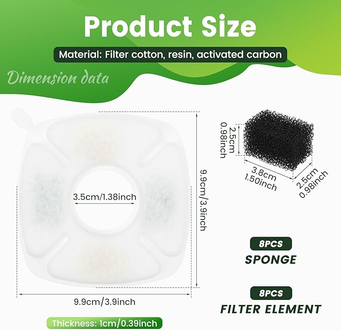 Cat Water Fountain Filters Replacement 16PCS Set, 8 Pack Cat Fountain Filters with 8 Pack Sponges, Compatible with Veken 95oz/2.8L, 135oz/4L, 67oz/2L Pet Drinking Fountains, Triple Filtration System