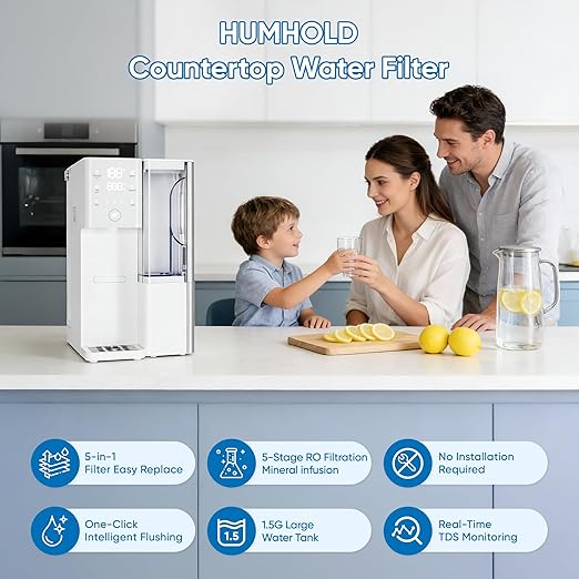 Reverse Osmosis Water Filter Countertop 5 Stage RO System, Hot & Cold Water Dispenser, 4:1 Pure to Drain, TDS Display & Filter Life, No Installation Portable RO Water Purifier for Home