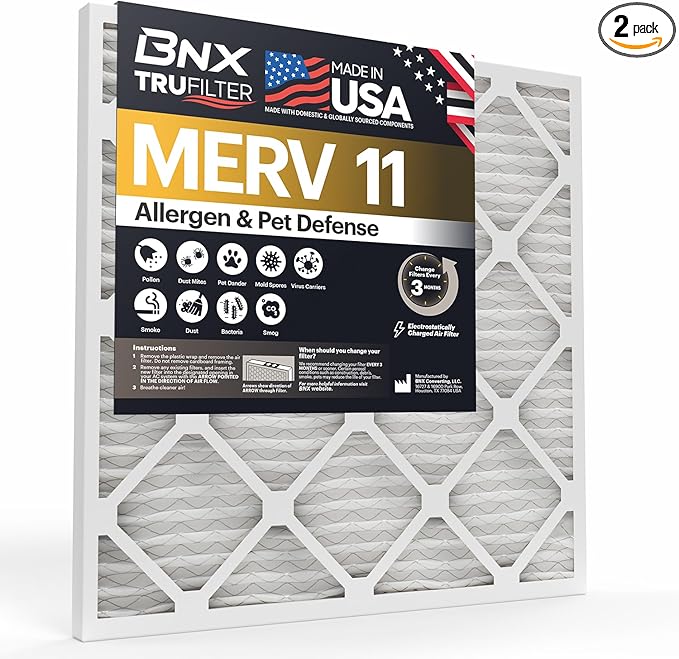 BNX TruFilter 20x24x1 Air Filter MERV 11 (2-Pack) - MADE IN USA - Allergen Defense Electrostatic Pleated Air Conditioner HVAC AC Furnace Filters for Allergies, Dust, Pet, Smoke, Allergy MPR 1200 FPR 7