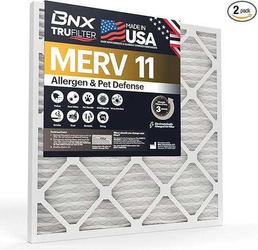 BNX TruFilter 20x22x1 Air Filter MERV 11 (2-Pack) - MADE IN USA - Allergen Defense Electrostatic Pleated Air Conditioner HVAC AC Furnace Filters for Allergies, Dust, Pet, Smoke, Allergy MPR 1200 FPR 7
