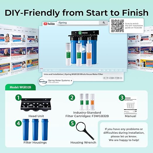 iSpring Commercial-Grade Whole House Water Filter System, Eliminates 99% Chlorine, Sediment, Taste, Odor, 3-Stage 20x4.5-inch Industrial Standard Filters, Model: WGB32B, 1-inch Inlet/Outlet