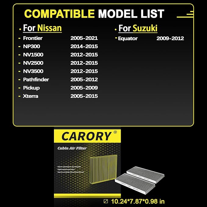 Cabin Air Filter w/Activated Carbon for Nissan Frontier 2005-2021, Pathfinder 2005-2012, Xterra 2005-2015, NV1500 2012-2015, NV2500 2012-2015, NV3500 2012-2015, Suzuki Equator 2009-2012