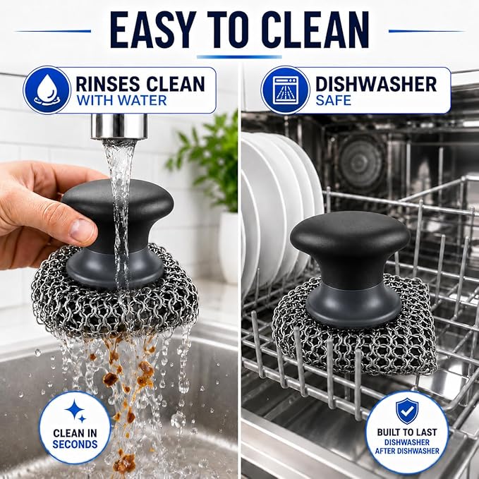 Cast Iron Scrubber and Scraper | 316 Chainmail Scrubber for Cast Iron Pan Skillet Cleaner | Chain Mail Scrubber for Dishes Pots Wok Griddle Grill | Dish Scouring Pad Dishwasher Safe, Black 02