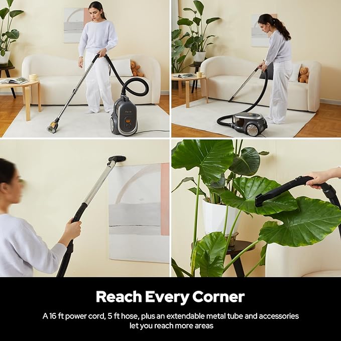 Aircliff Canister Vacuum Cleaner, Specially Designed Nozzle for Pet Family, 1200W & 17Kpa Strong Suction, 2 HEPA Filters & 5 Cleaning Tools for Hard Floor, Carpet, Upholstery, Pet Hair(Sliver)