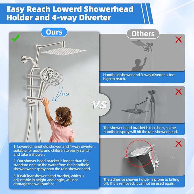 12" All-Metal High-Pressure Rain Shower Head with Handheld- 10-Spray Power Wash with Shower Filter, Easy Reach 4-Way Diverter with Pause Mode, Adjustable 16" Extension Arm/ 71" Hose, Brushed Nickel