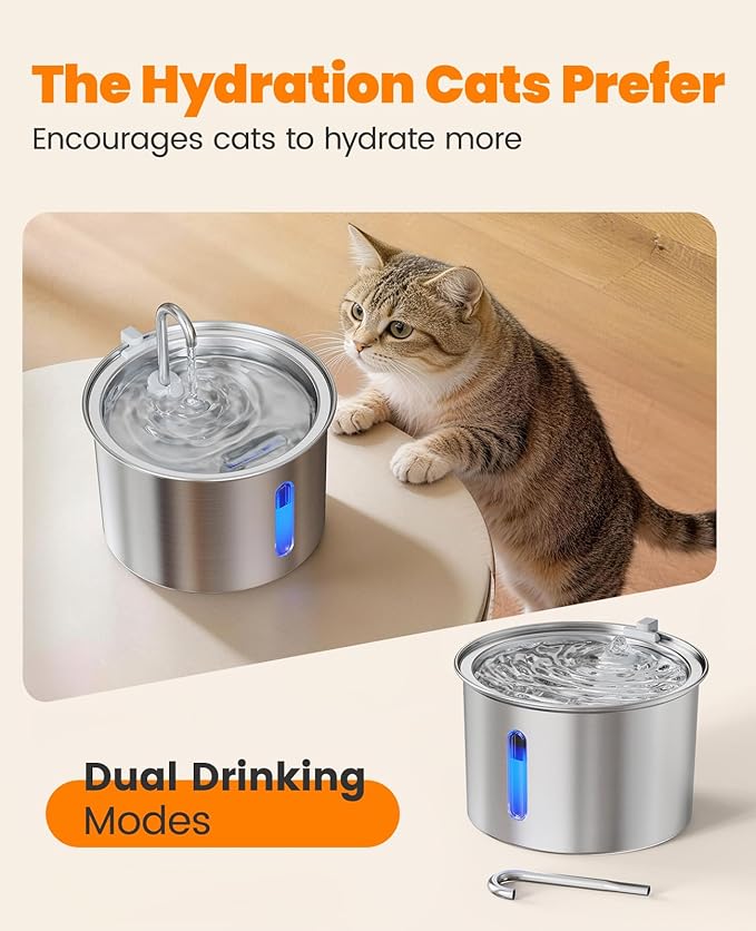 oneisall Stainless Steel Cat Water Fountain, 2L Water Fountains for Cats Indoor with Quiet Pump and 3 Replacement Filters, Pet Water Fountain Faucet Spout Design Cat Fountain Drinking Inside, PWF 001
