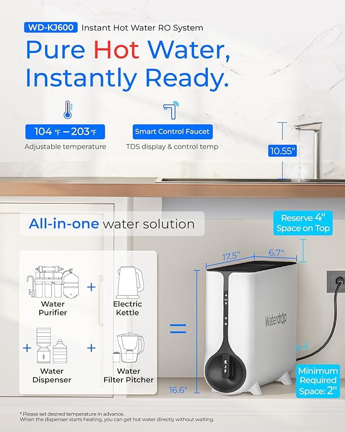 Waterdrop KJ600 Reverse Osmosis System, Instant Hot Water Dispenser, 600 GPD, Reduce PFAS, Tankless, 2:1 Pure to Drain, Under Sink, TDS Reduction, Smart Faucet, Hot and Cold Water Dispenser Faucet