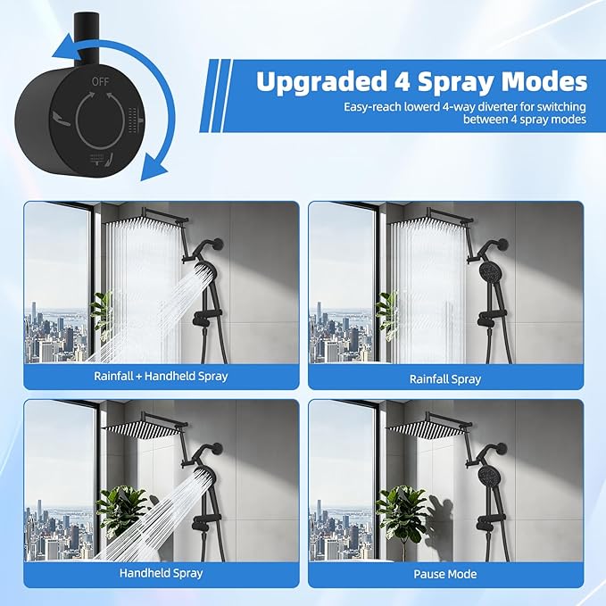12" Black All-Metal High-Pressure Rain Shower Head with Handheld- 10-Spray Power Wash with Shower Filter, Easy Reach 4-Way Diverter with Pause Mode, Adjustable 16" Extension Arm/Holder/ 71" Hose