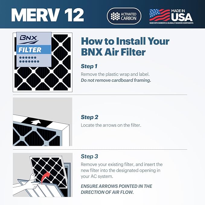 BNX TruFilter 16x24x1 MERV 12 Odor Defense (2-Pack) AC Furnace Air Filter with Activated Carbon - MADE IN USA - Pleated Air Conditioner HVAC AC Furnace Filters - Removes Odor, Mold, Bacteria, Smoke